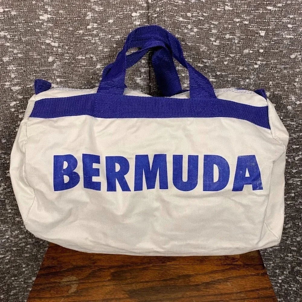 Vintage Bermuda Canvas Duffle Travel Bag Blue/White Double Handle‎